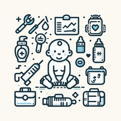 Baby care editable stroke outline icons set isolated on white background flat vector illustration.