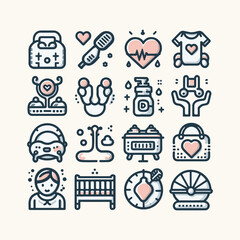 Baby care editable stroke outline icons set isolated on white background flat vector illustration.