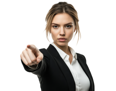 Confident businesswoman pointing forward, isolated on transparent cutout background