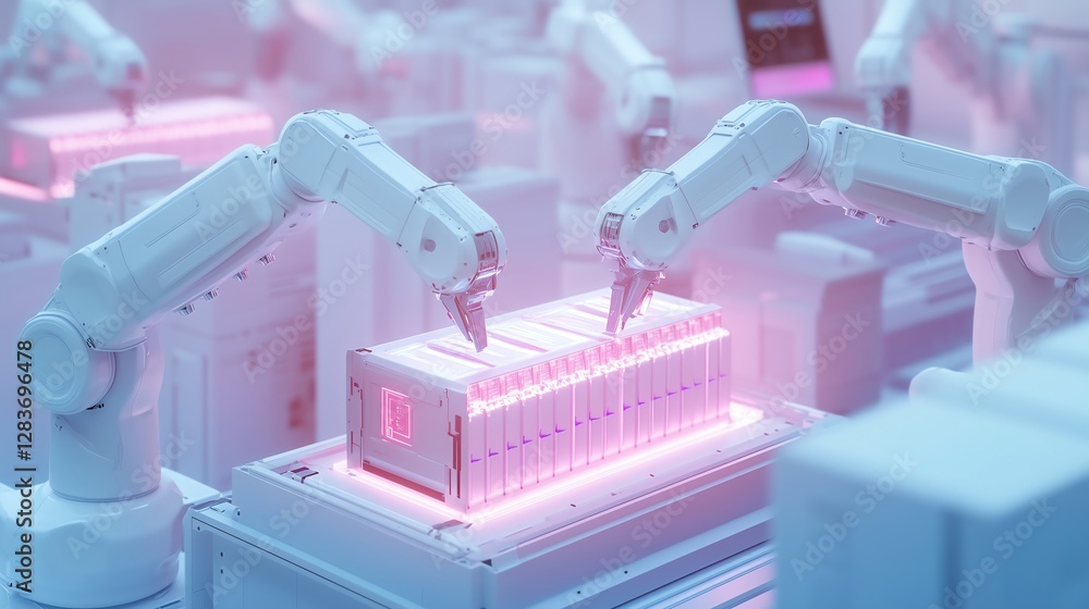 Poster 3d render of robotic arms assembling an ev battery pack with a holographic interface in a minimalist