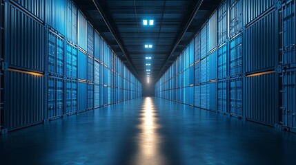Fototapeta premium 3D-rendered abstract storage cargo scene, featuring glowing blue warehouse with neatly stacked shipping containers, soft shadows, and professional composition for advertising purposes.