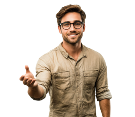Friendly young man with glasses reaching out, isolated on transparent cutout background