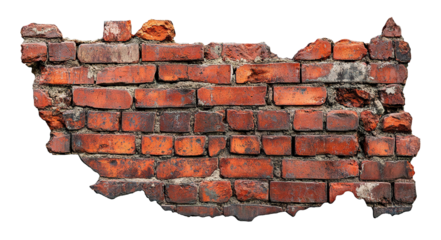 Cracked red brick wall fragment, isolated on transparent cutout background