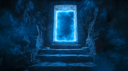 Ancient portal with blue light and ruins at ritual place. Portal to Forgotten Worlds. Illustration