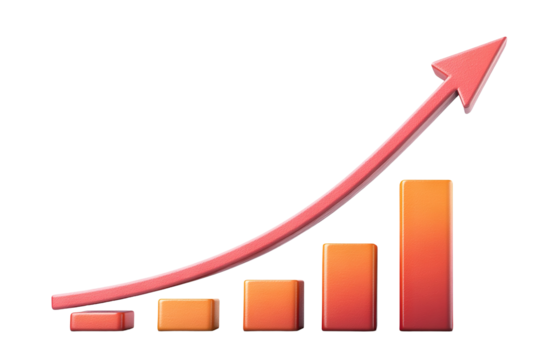 Bar chart with upward arrow, isolated on transparent cutout background
