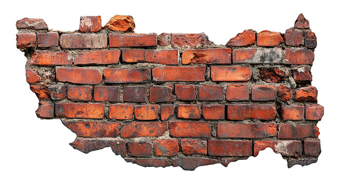 Fototapeta Cracked red brick wall fragment, isolated on transparent cutout background