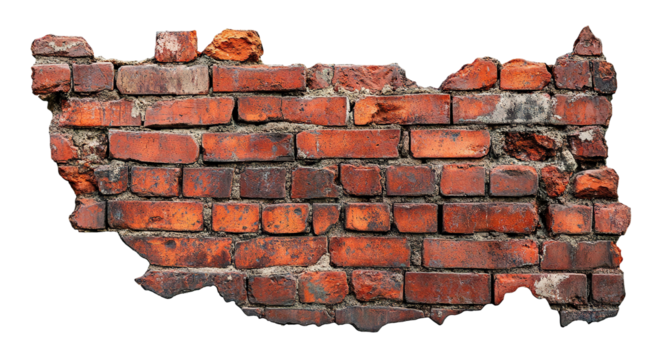 Cracked red brick wall fragment, isolated on transparent cutout background