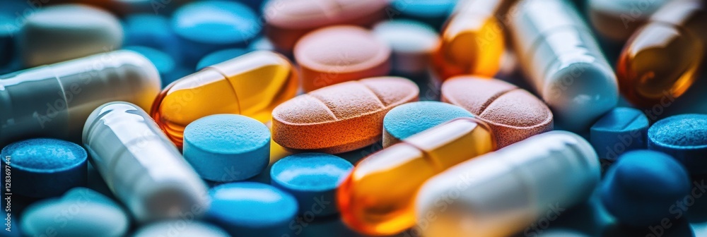 Poster assorted pills and capsules in various colors arranged on a surface with blue tones. generative ai