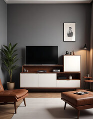 Vintage-style TV cabinet with 1960s decor.