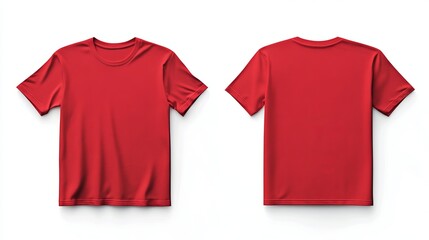 Red blank t-shirt design template featuring front and back views, isolated on a white background 