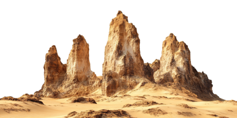 Towering rock formations in a sandy desert landscape, isolated on transparent cutout background
