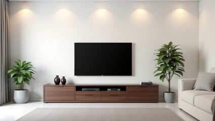 Minimalist modern living room with sleek TV console and neutral decor