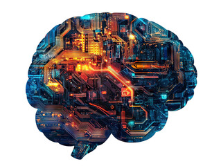 Futuristic electronic brain with glowing circuits, isolated on transparent cutout background