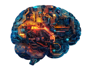 Futuristic electronic brain with glowing circuits, isolated on transparent cutout background