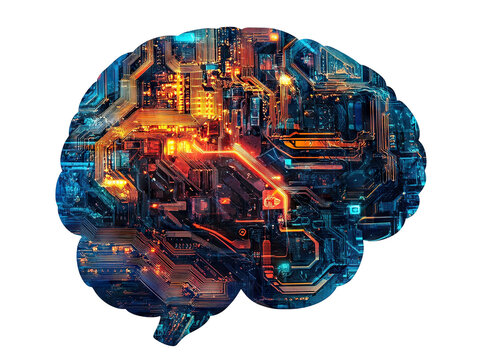 Futuristic electronic brain with glowing circuits, isolated on transparent cutout background