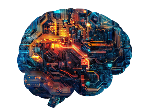 Futuristic electronic brain with glowing circuits, isolated on transparent cutout background