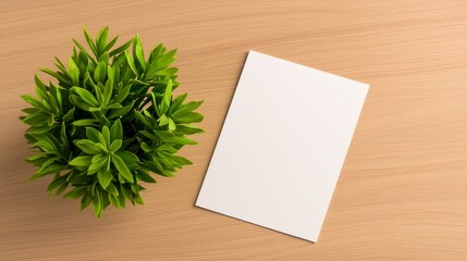 Blank Paper on Wooden Desk with Potted Plant in Natural Setting