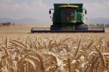 Large agricultural combine harvesting ripe wheat in a sunny landscape during the summer months