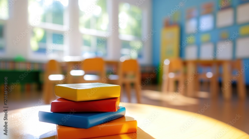 Poster a colorful stack of blocks on a table in a bright, inviting classroom setting.