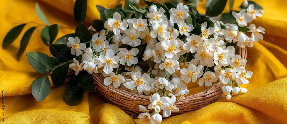 Poster white blooms are nestled in a wooden container, positioned on a bright yellow backdrop, created usin