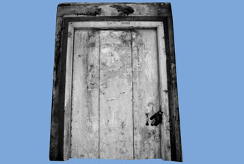 close up of closed rustic wooden door pixelate grayscale color halftone dotted texture style collage element isolated on blue background