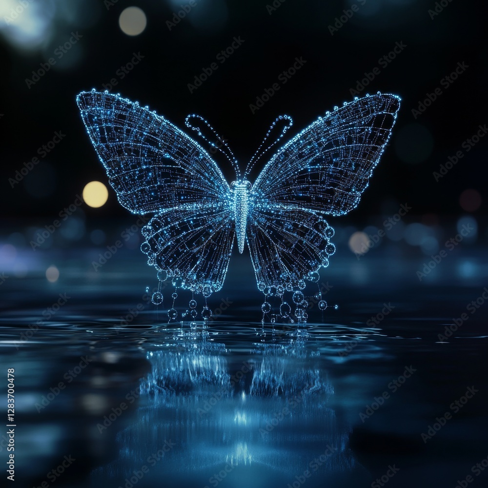 Aufkleber ephemeral luminescence: a digital butterfly's reflection on water's edge in a dark and dreamy landsc
