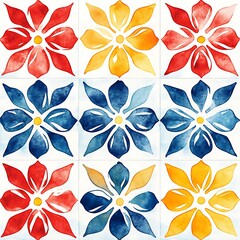 Fototapeta premium Vibrant Red and Yellow Watercolor Mosaic Tiles Floral Pattern