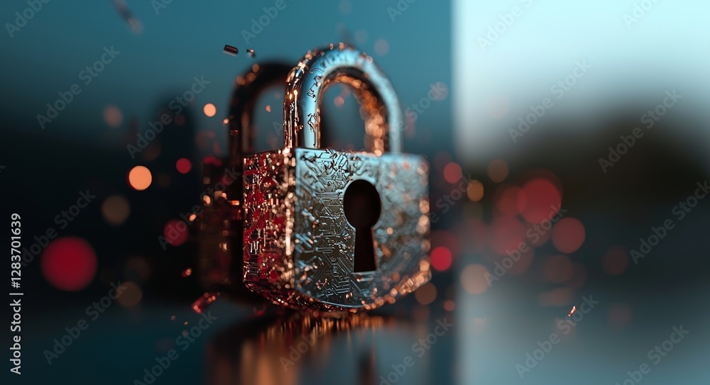 Poster cyber security is represented by a digital padlock icon, symbolizing the technology network and data