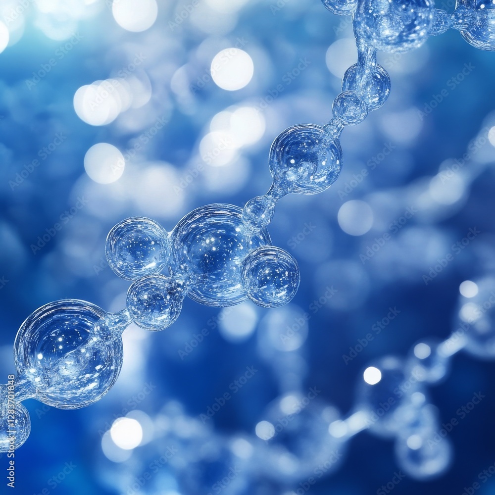 Poster Molecular Structure in Blue Gradient with Bokeh Lights, Showing Scientific Complexity and Connectivity.