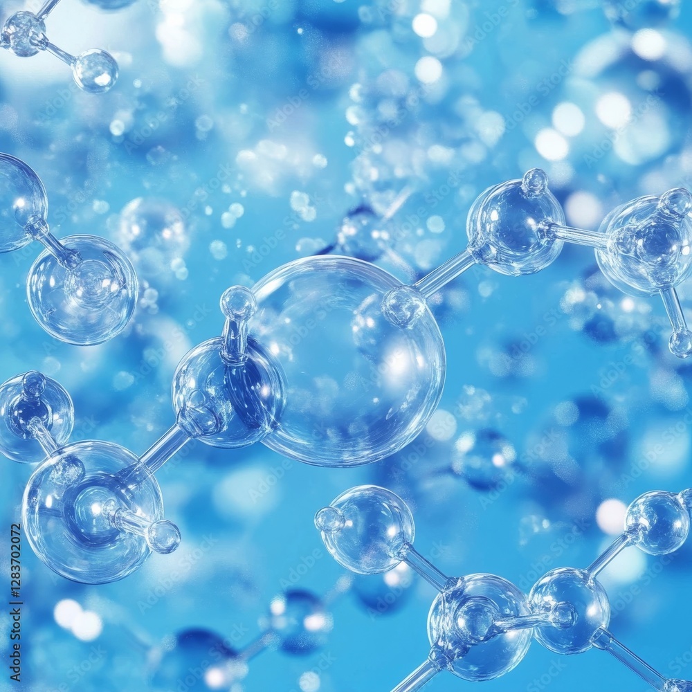 Poster molecular structure: an abstract blue background featuring a transparent molecular model displaying 