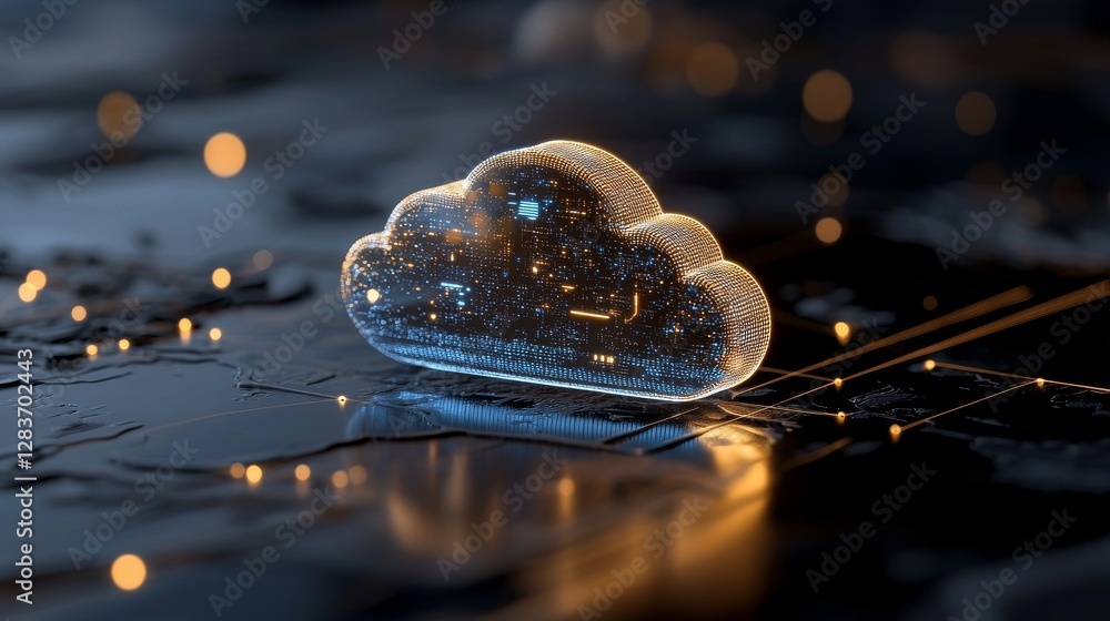 Poster the concept of data transfer cloud computing technology is represented by a large, central cloud ico