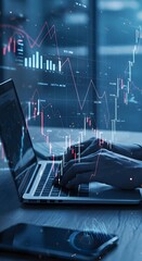 Many, graphs, and laptop. Closeup, of hands, keyboard typing.Analyzing business finance data,
