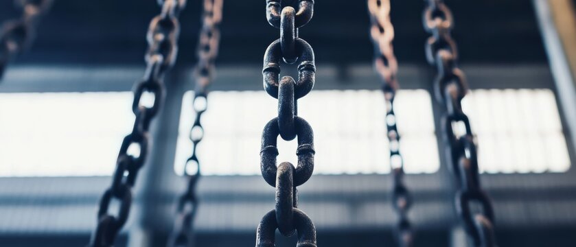 Rusted chains dangle from a ceiling in a dimly lit industrial space, evoking a sense of strength and history.