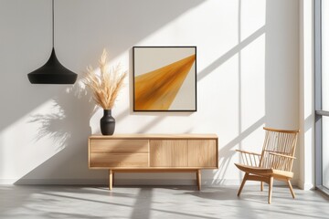 A real photo of an empty living room interior featuring white walls, a retro wooden cabinet, and a painting, with space for a sofa
