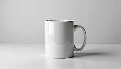 Obraz premium Minimalist white coffee mug with a glossy finish on a clean surface for branding or design mockups