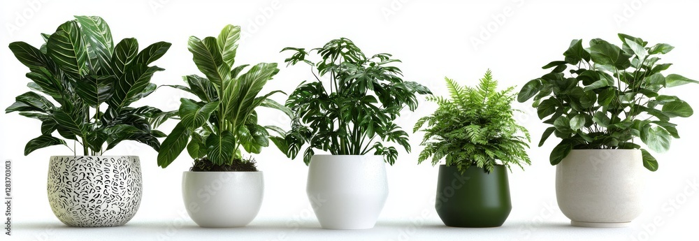 Poster beautiful plants in ceramic pots are collected and isolated on a transparent background in a 3d rend