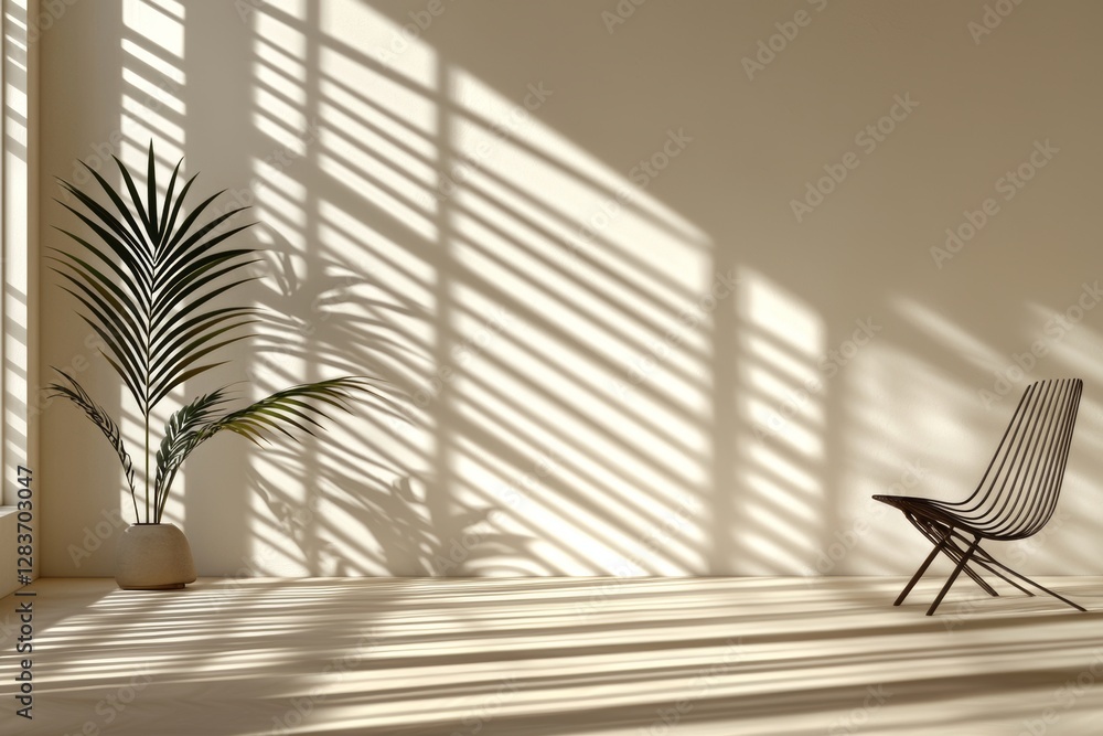 Poster a light beige background with a minimalist and abstract design, incorporating intricate shadows from