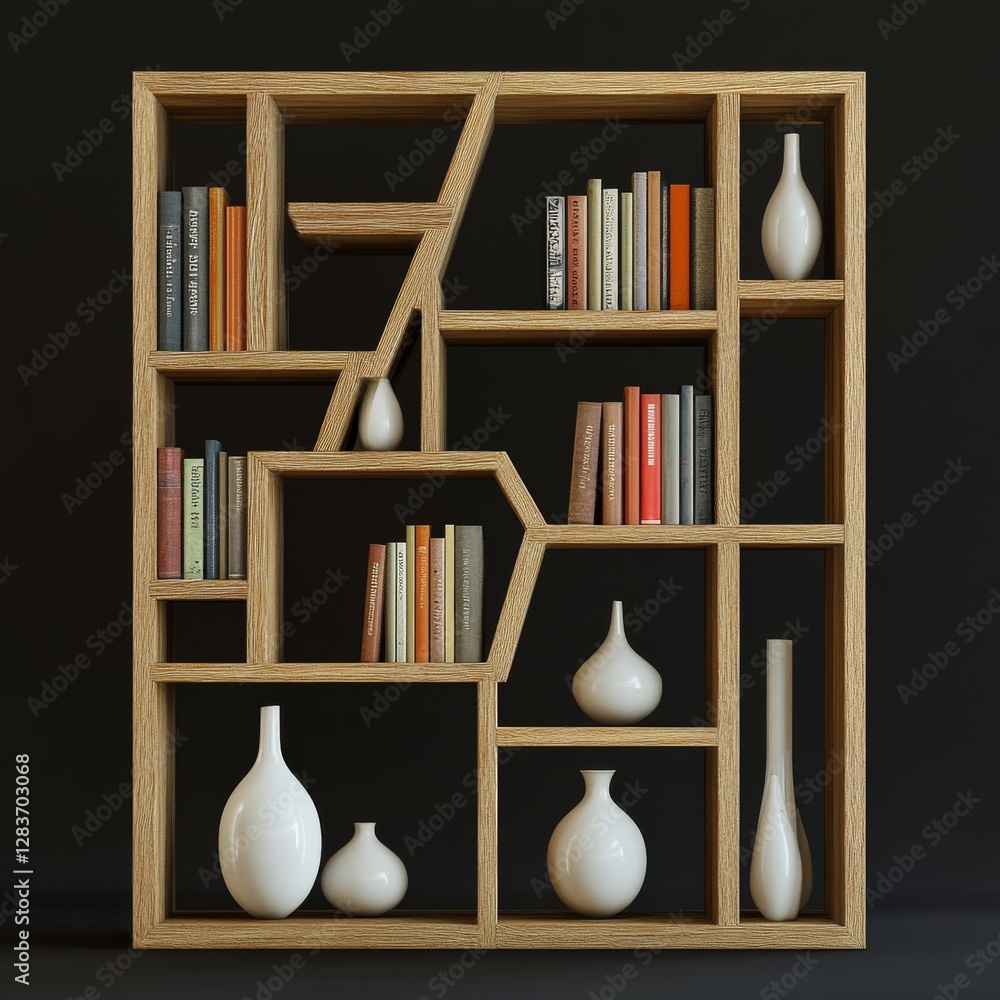 Poster stylish wooden bookshelf with assorted books and white vases displayed against a dark gray wall