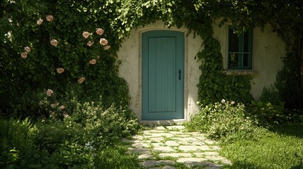Teal Doorway in a Lush Garden with Stone Path