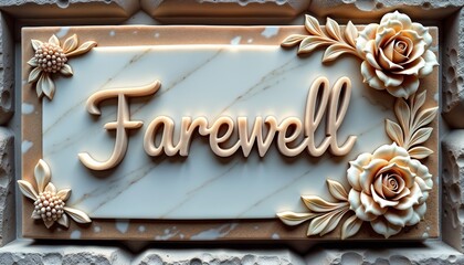 Elegant farewell plaque with decorative flowers and an intricate design on a marble-like background
