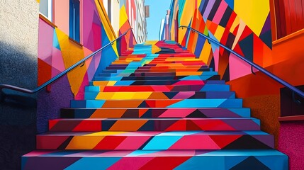 Vibrant Geometric Staircase in Colorful Urban Neighborhood