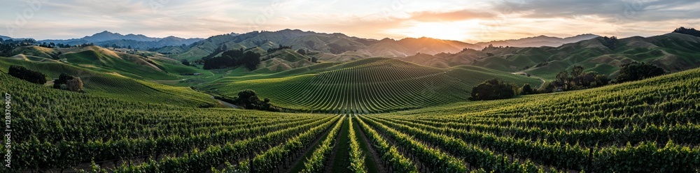 Poster a background composition featuring a panoramic view of colorful fields and rows of currant bush seed