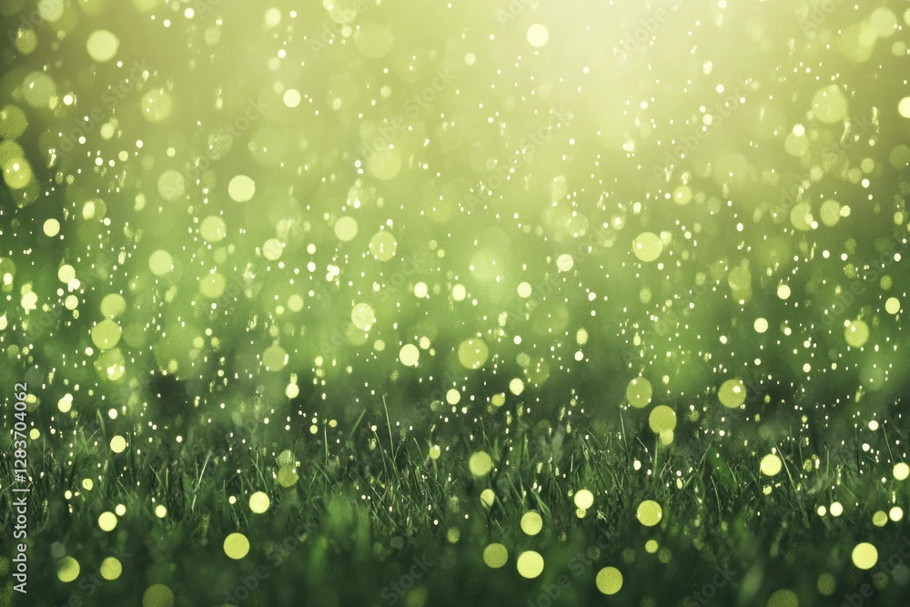 Poster beautiful bokeh background with soft green tones and sparkling droplets, creating a serene atmospher