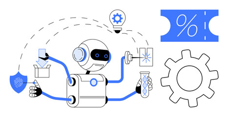 Robot handling lab flask, packaging, gear, shield, and light bulb with dotted lines. Ideal for automation, robotics, e-commerce technology innovation security engineering. Abstract line flat