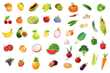Food and beverages, fruits symbols, emojis, emoticons, stickers, icons Vegetables, cakes, vector illustration flat icons set, collection, pack