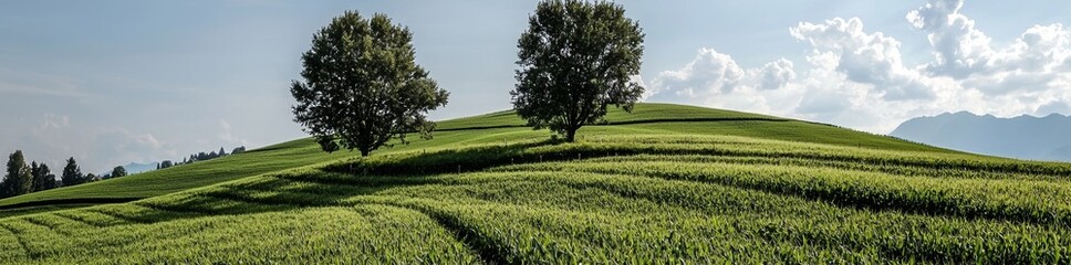 Panoramic view of colorful fields and rows of currant bush seedlings as a background composition
