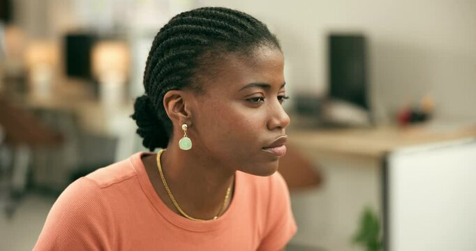 Thinking, confused and black woman in office with online glitch, 404 or internet problem. Business, doubt and face of African female worker frustrated by spam, error or scam or social media hacker