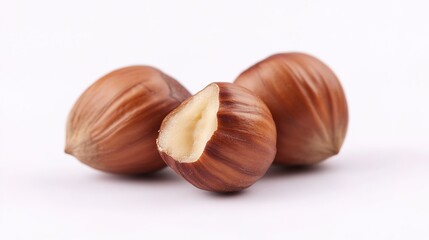 Obraz premium Falling hazelnuts isolated on a white background, studio shot, soft lighting, high-quality photo, with copy space available.