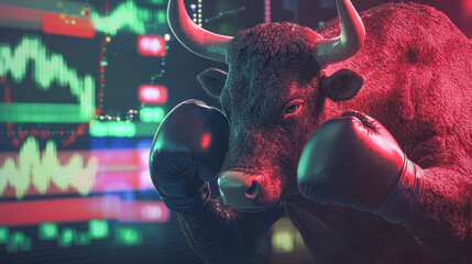 Bull boxing with financial graphs in background