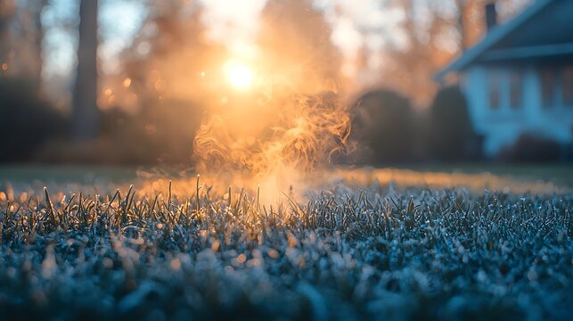Frozen grass with steam at sunrise, suburban home in background